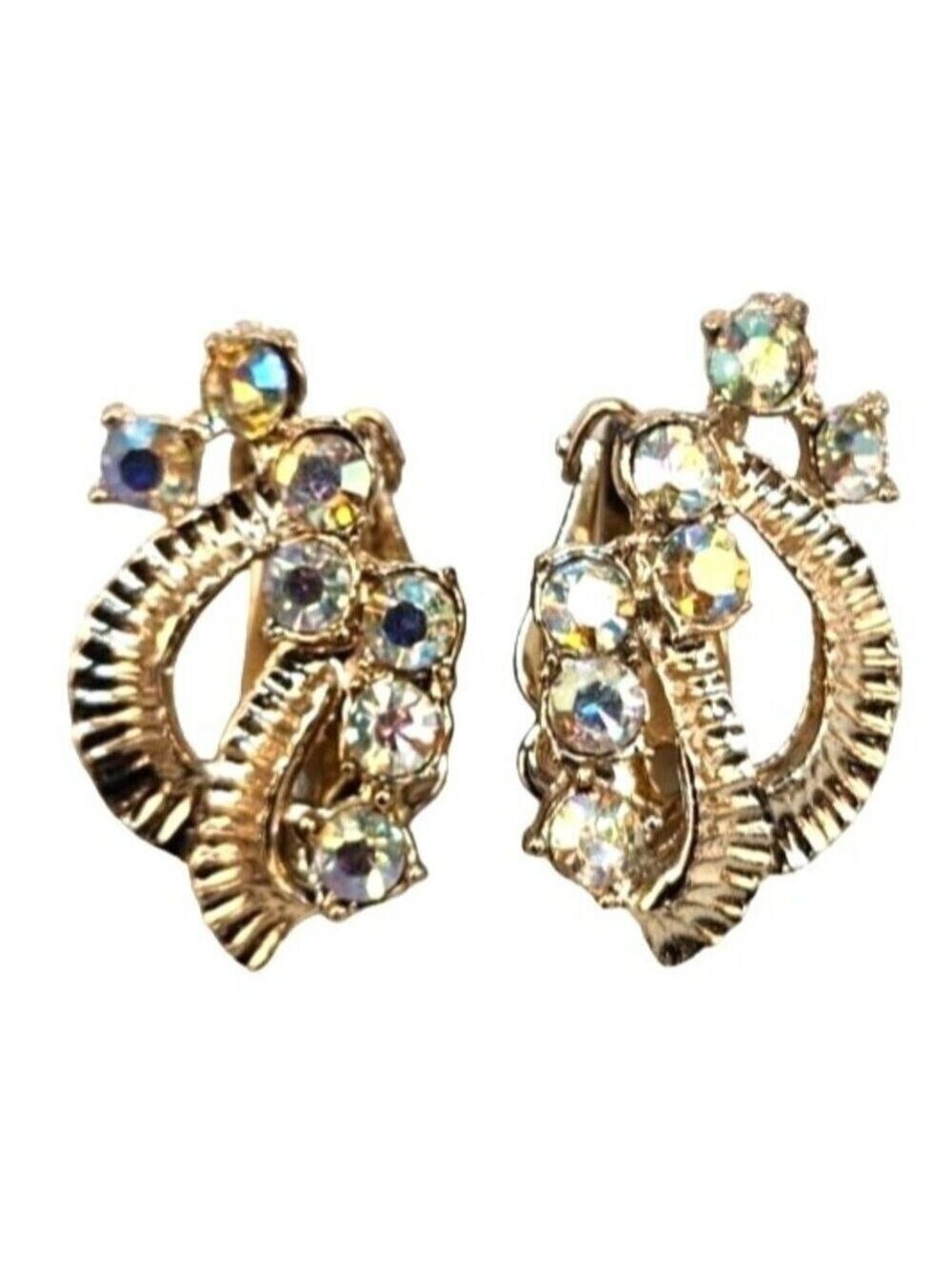 Vintage Gold-Tone Clip-On Earrings With Aurora Borealis Rhinestones 1" x .5"